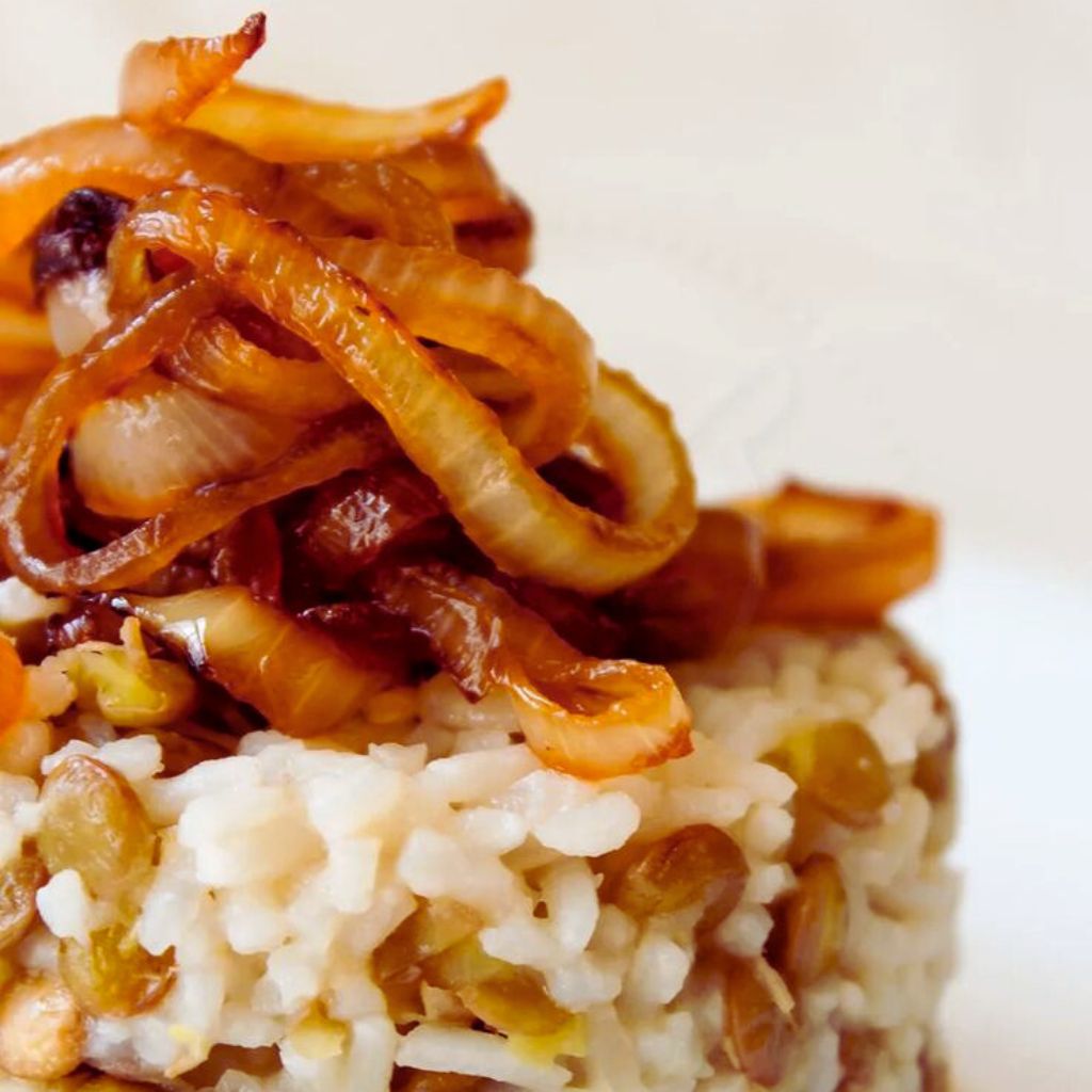 Arroz com Lentilha e Cebola Caramelizada